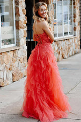 Coral Pink Layered 2025 Prom Dress Tiered Tulle Strapless Applique